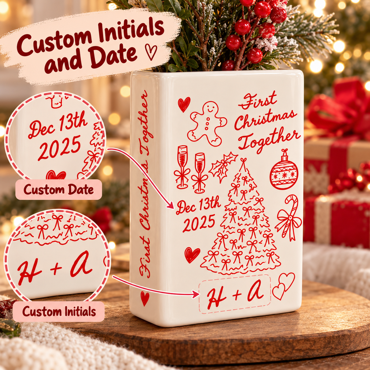 Custom initials and date detail on First Christmas Together book vase