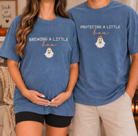 Halloween Pregnancy Couple Shirts for Expecting Parents, Brewing & Protecting a Little Boo Tees, Spooky Baby Announcement Gift