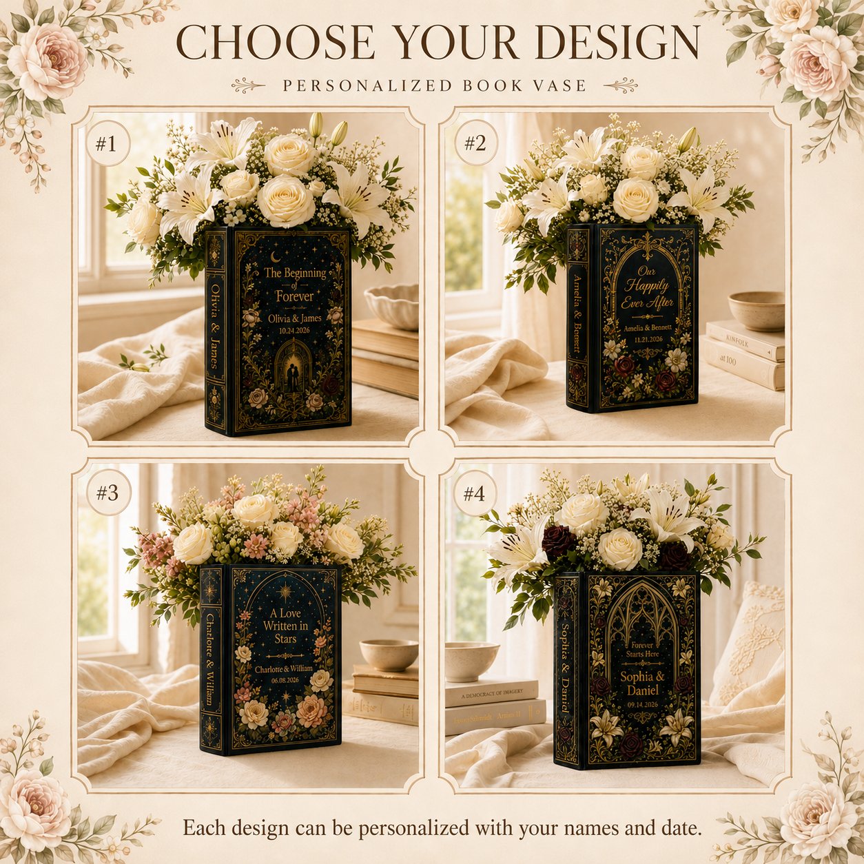 Custom Wedding Book Vase, Personalized Couple Name Flower Vase, Gothic Floral Ceramic Book Vase