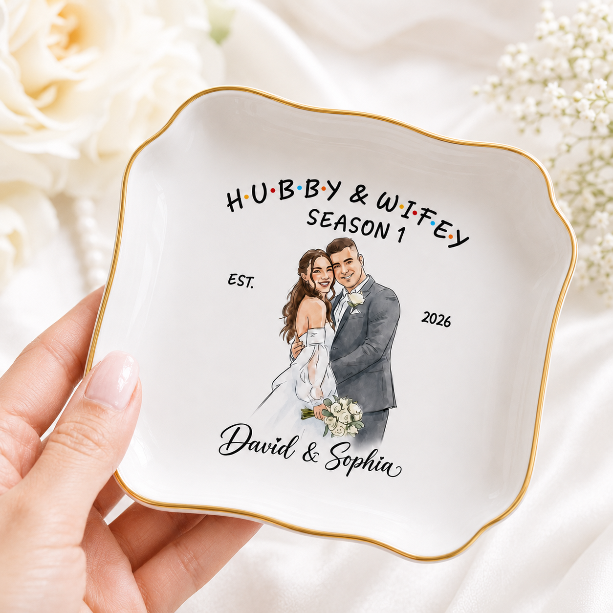 Personalized Photo Hubby & Wifey Couple Jewelry Dish - Gift for , Custom Bachelorette Trip, Bridal Shower Gift
