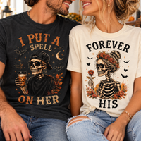 Matching Halloween Couple Shirts - I Put a Spell on Her & Forever His Skeleton Tees, Spooky Couples Gift