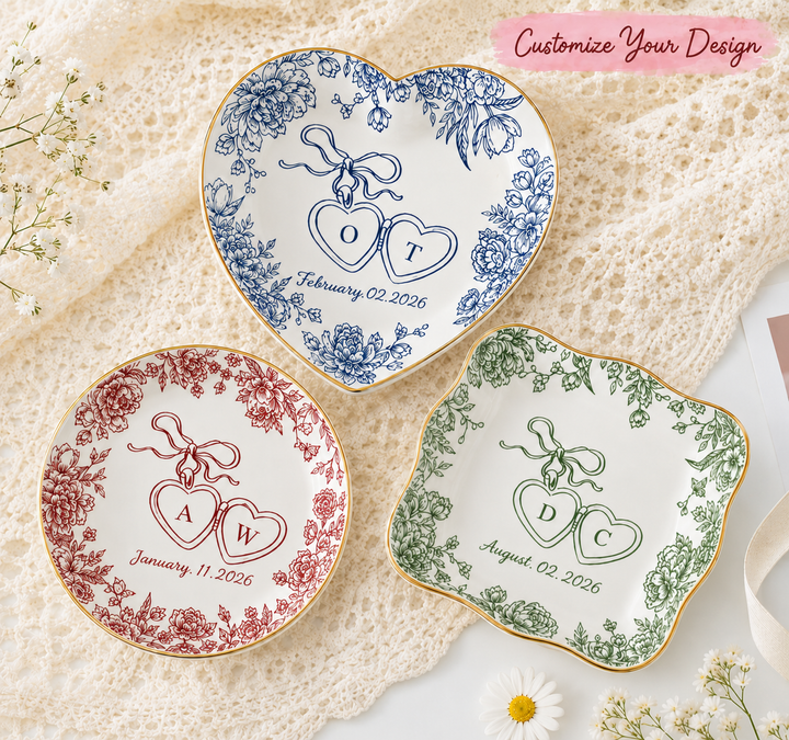 Personalized Toile De Jouy Wedding Jewelry Dish - Gift for Bride, Bridesmaid, Bachelorette Trip, Bridal Shower Gift