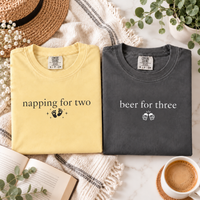 Pregnancy Announcement Comfort Colors Couple Shirts, Napping for Two & Beer for Three Matching Mom Dad Tees