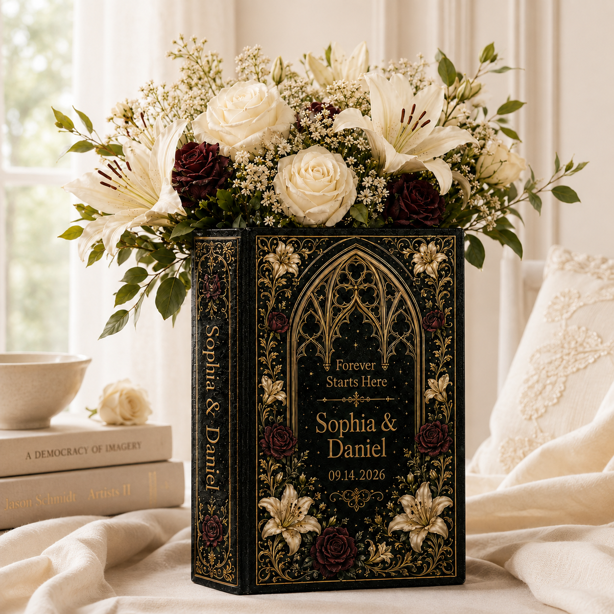 Custom Wedding Book Vase, Personalized Couple Name Flower Vase, Gothic Floral Ceramic Book Vase
