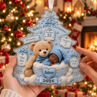 Personalized Baby & Teddy Birth Stats Tree Ornament – First Christmas
