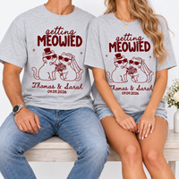 Personalized Getting Meowied Wedding Shirts, Custom Names and Date Cat Couple Tees, Matching Bride and Groom Gift