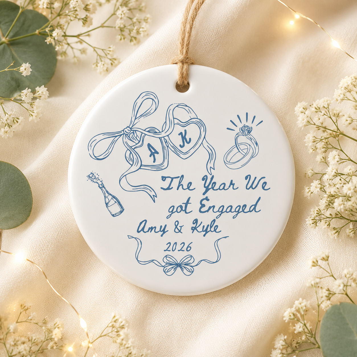 Personalized Engagement Ceramic Ornament, Custom Names & Year Keepsake for Couples, The Year We Got Engaged Gift for Bride-to-Be