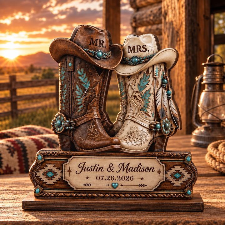 Personalized Rustic Cowboy Boots Wooden Plaque, Custom Wedding Keepsake, Anniversary Gift for Couples