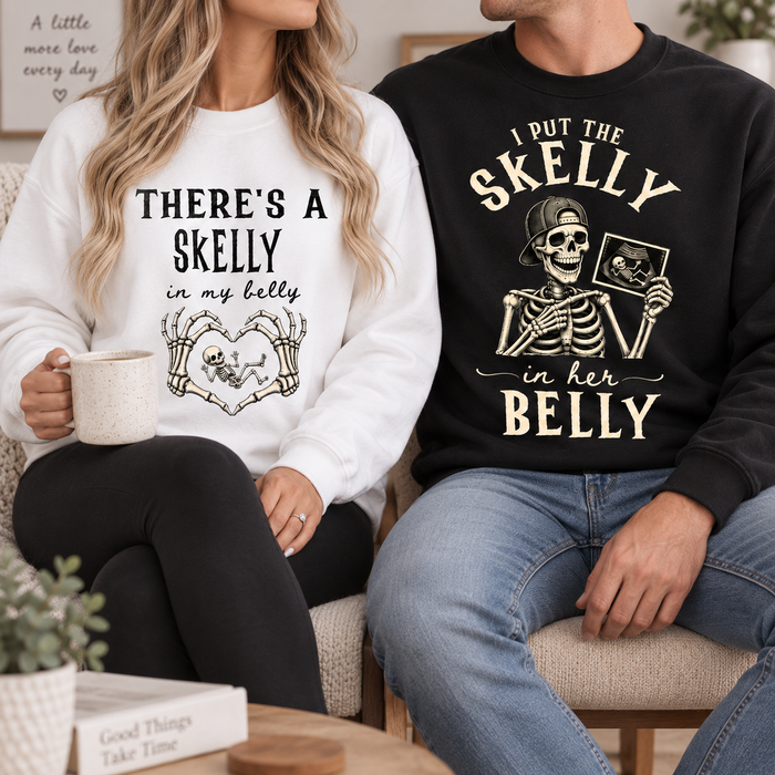Skelly in My Belly Pregnancy Sweatshirt & Hoodie – Matching Couple Set