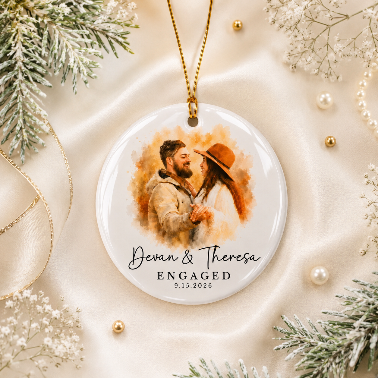 Personalized Engagement Ornament from Photo, Custom Watercolor Couple Portrait, Names & Date Keepsake Gift for Engaged Couples