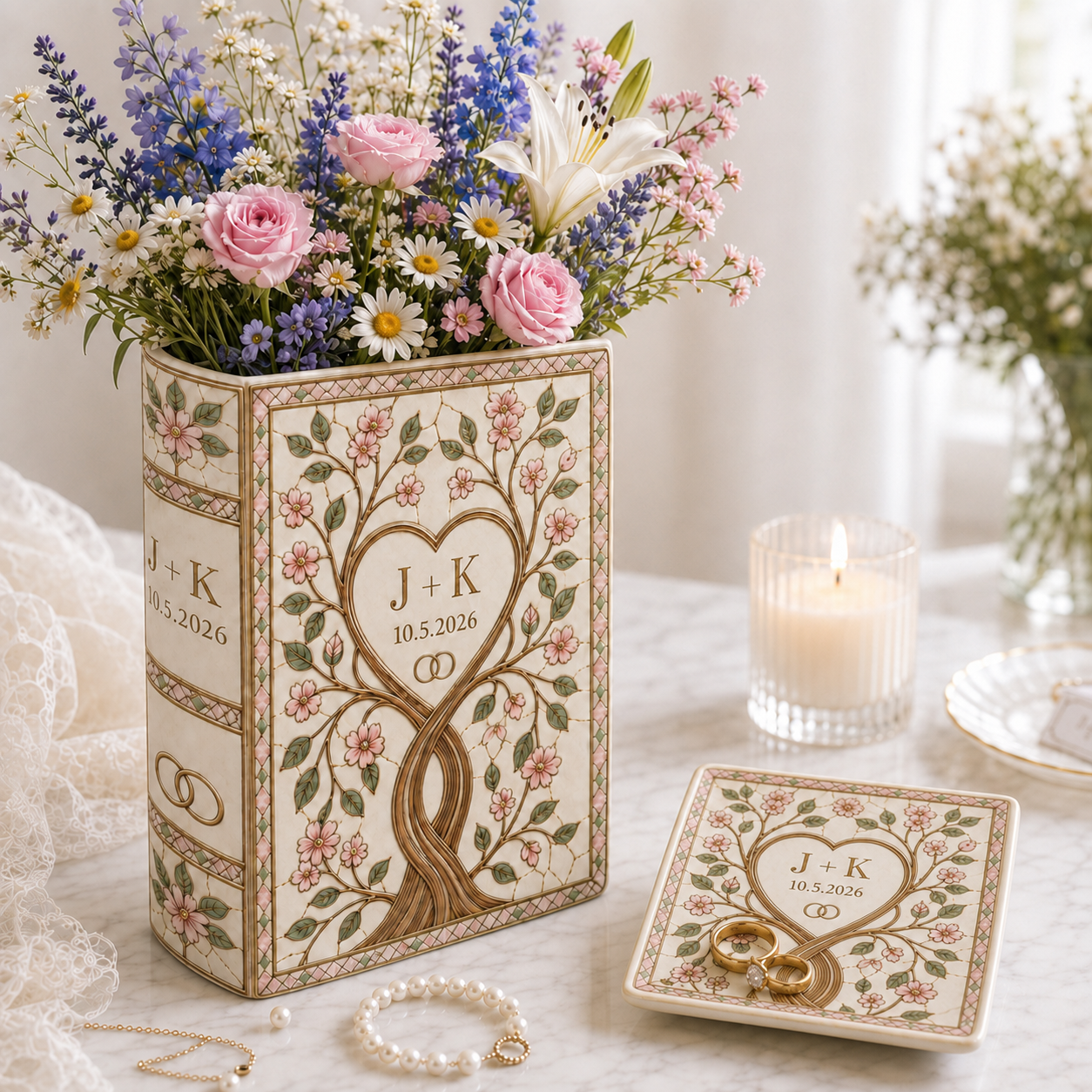 Personalized Wedding Book Vase, Custom Couple Name Vase, Heart Tree Decor, Wedding Anniversary Gift, Anniversary Gift