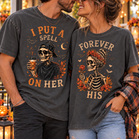 Matching Halloween Couple Shirts - I Put a Spell on Her & Forever His Skeleton Tees, Spooky Couples Gift