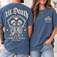 Personalized ’Til Death Skeleton Couple Shirts – Custom Names & Date