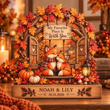 Personalized Fox Couple Wooden Block, Custom Names & Date Autumn Keepsake, Romantic Anniversary Gift for Couples
