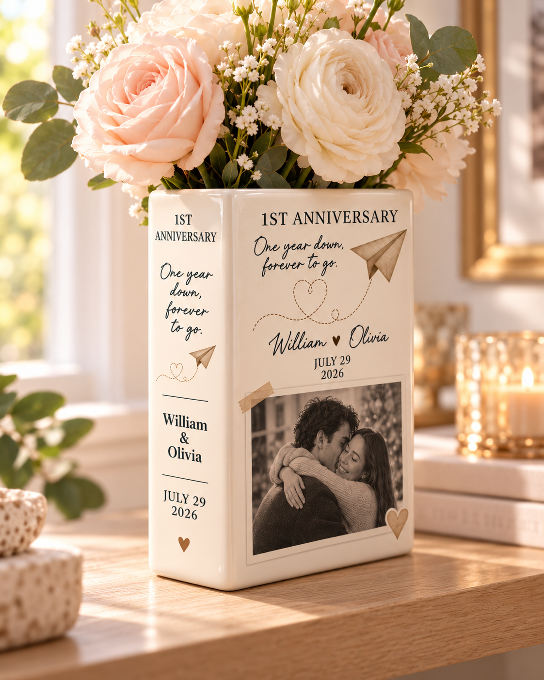 Custom photo anniversary book vase displayed in bright home decor