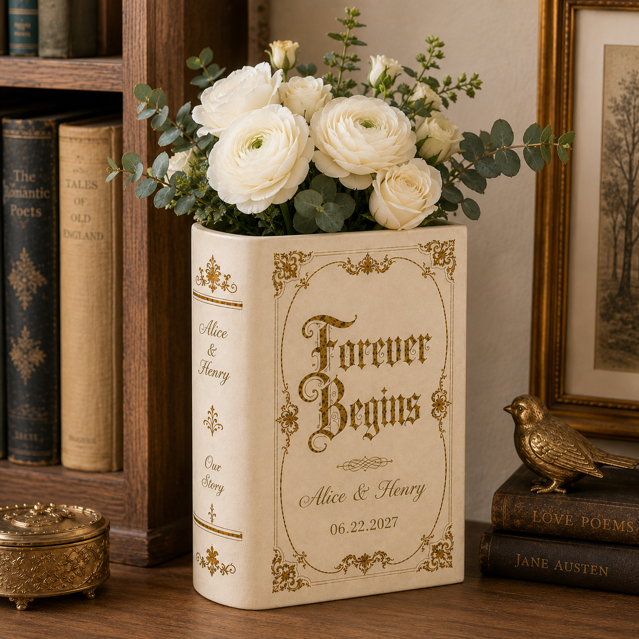 Personalized Vintage Wedding Book Vase & Jewelry Dish Set, Custom Couple Names & Wedding Date Flower Vase, Romantic Centerpiece,  Couple Keepsake
