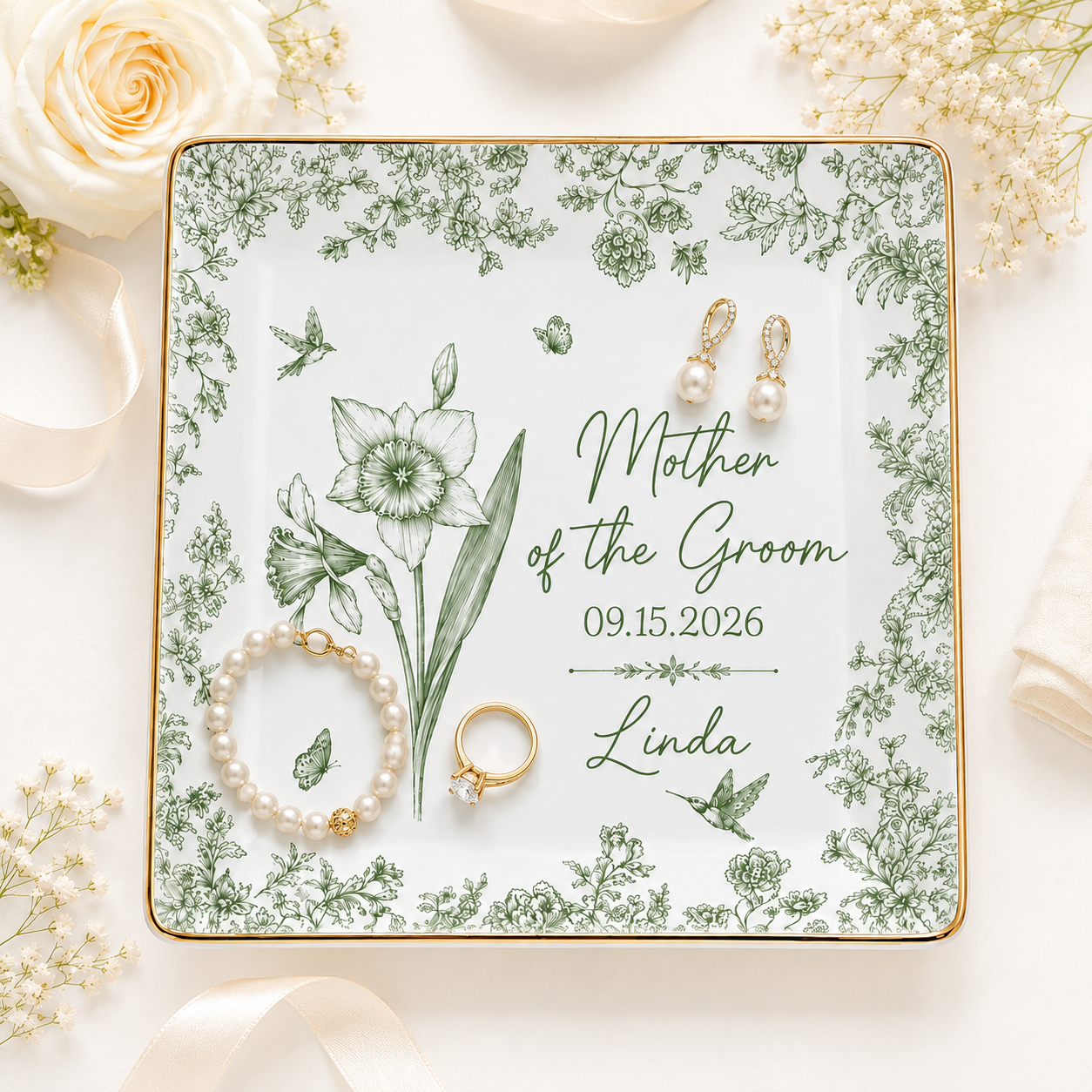 Personalized Wedding Jewelry Dish With Birth Flower, Date And Name - Custom Gift for Bride, Mom, Bridesmaid, Friend, Custom Vacation Gift, Honeymoon/Bachelorette Trip, Bridal Shower Gift