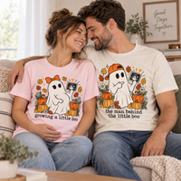 Growing a Little Boo Pregnancy Announcement Couple Shirts, The Man Behind the Little Boo Matching Tees, Halloween Mom & Dad T-Shirts