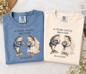 Funny O-Fish-Ially Married Couple Shirts for Wedding, Matching Fish Newlywed Tees, Custom Date Honeymoon Gift