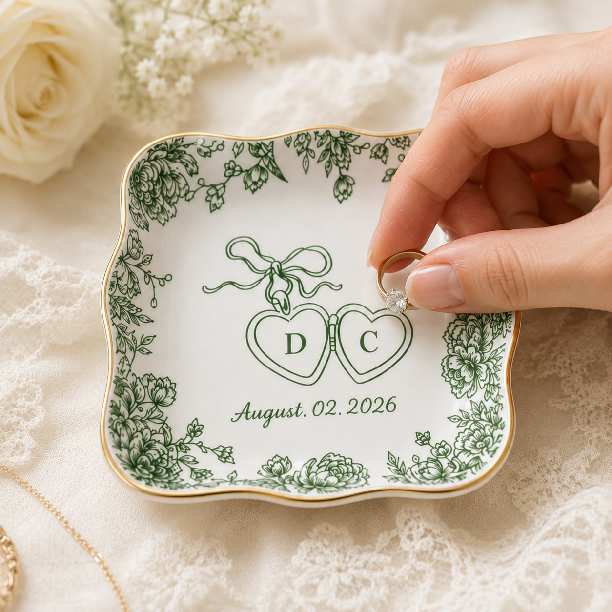 Personalized Toile De Jouy Wedding Jewelry Dish - Gift for Bride, Bridesmaid, Bachelorette Trip, Bridal Shower Gift