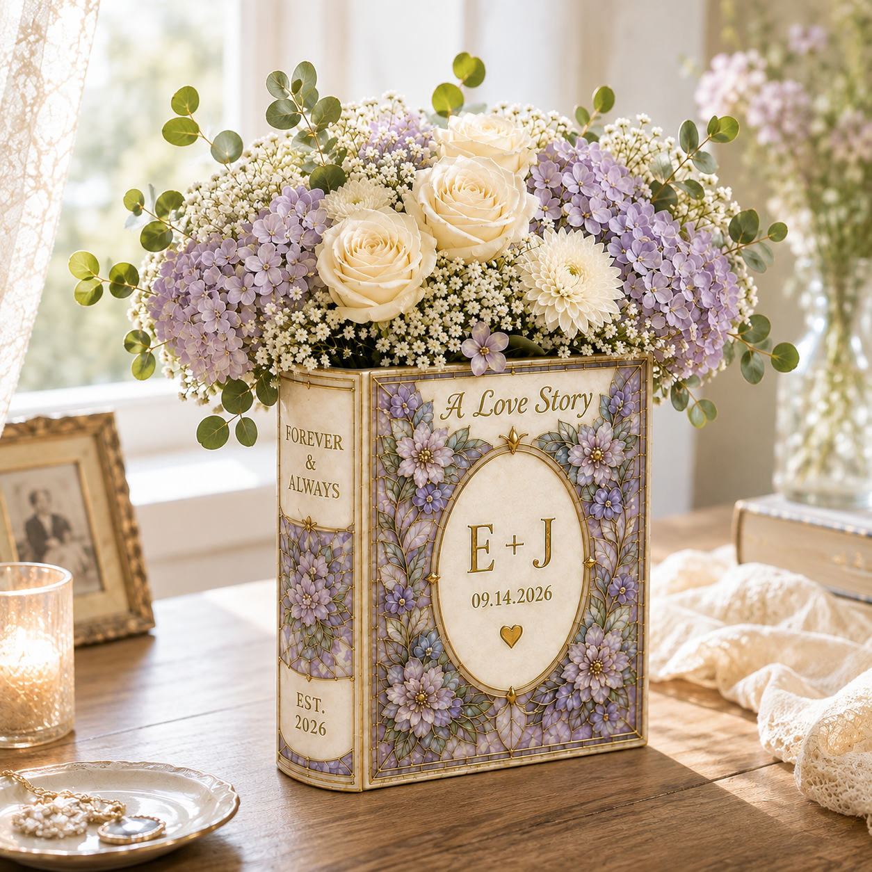 Personalized Floral Ceramic Book Vase, Custom Initials and Wedding Date, A Love Story Vase, Engagement, Wedding and  Anniversary Gift