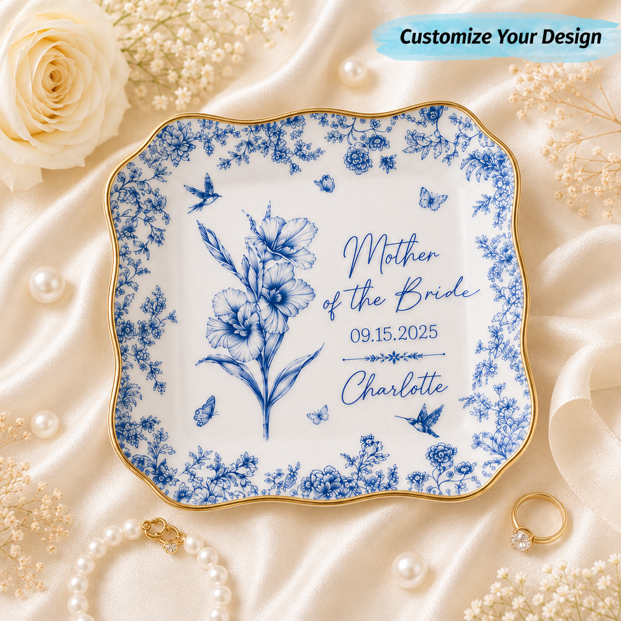 Personalized Wedding Jewelry Dish With Birth Flower, Date And Name - Custom Gift for Bride, Mom, Bridesmaid, Friend, Custom Vacation Gift, Honeymoon/Bachelorette Trip, Bridal Shower Gift