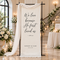 Personalized Wedding Tapestry for Christian Wedding Ceremony, 1 John 4:19 Fabric Banner, Custom Couple Names & Date Wedding Decor