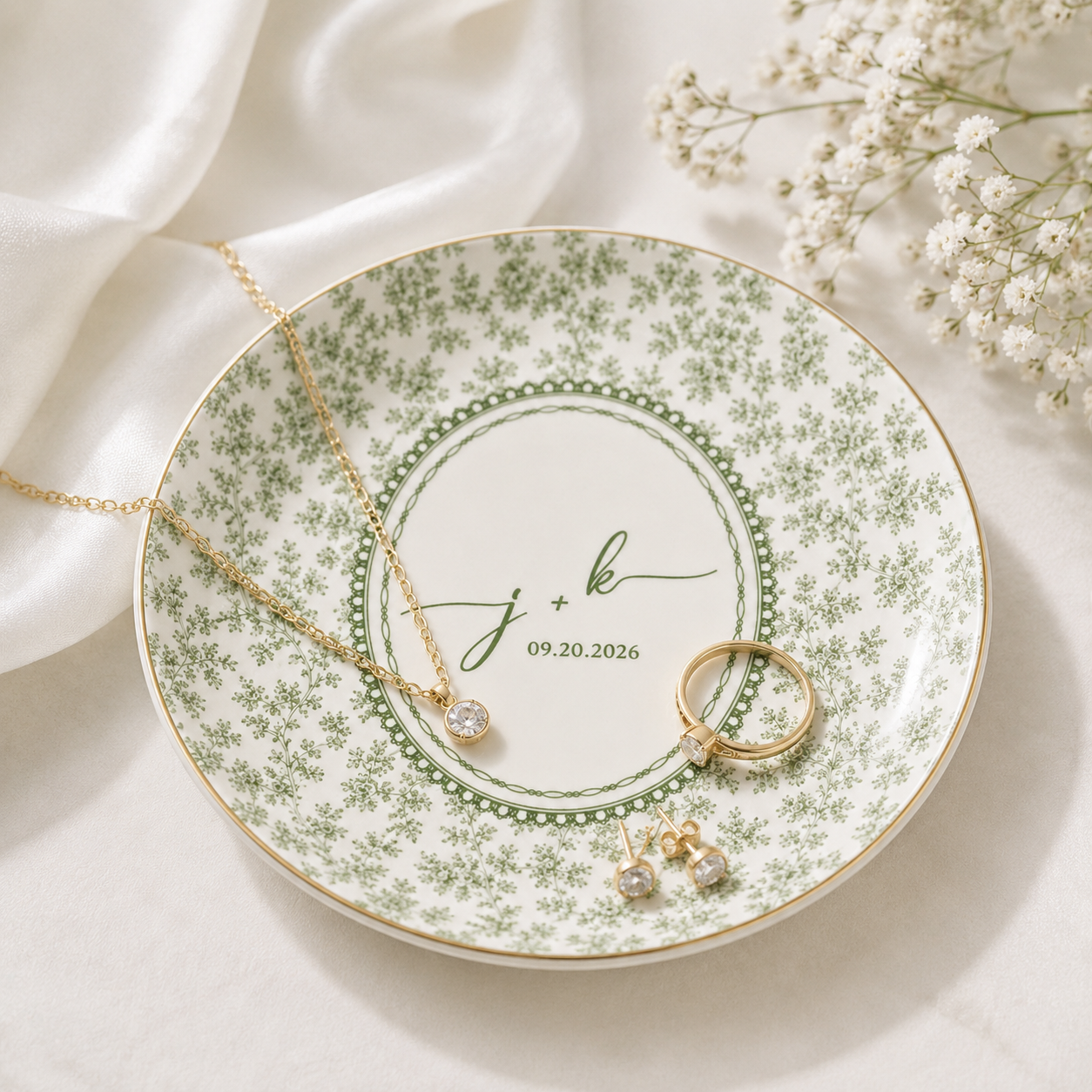 Personalized Toile De Jouy Jewelry Dish With Date- Gift for Bride, Bridesmaid, Bachelorette Trip, Bridal Shower Gift (Copy)
