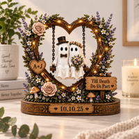 Personalized Ghost Couple Wooden Block, Halloween Wedding Gift, Custom Initials & Date, Gothic Bride Groom Keepsake