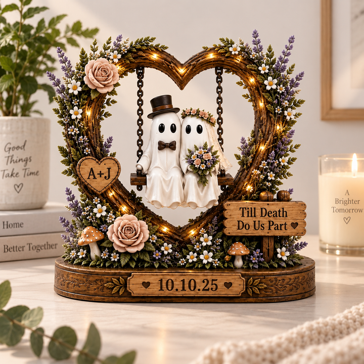 Personalized Ghost Couple Wooden Block, Halloween Wedding Gift, Custom Initials & Date, Gothic Bride Groom Keepsake