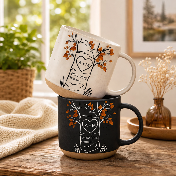 Personalized Carved Tree Pottery Mug, Custom Anniversary Coffee Cup, Couple Initials Mug, Wedding Date Keepsake