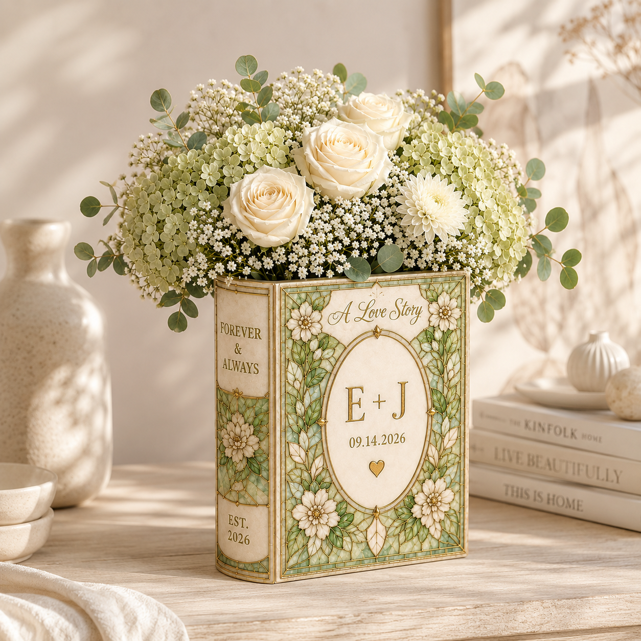 Personalized Floral Ceramic Book Vase, Custom Initials and Wedding Date, A Love Story Vase, Engagement, Wedding and  Anniversary Gift