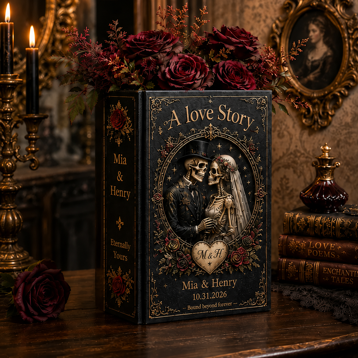 Personalized Gothic Wedding Book Vase, A Love Story Skeleton Couple Vase, Custom Names and Date, Engagement Wedding or Anniversary Gift