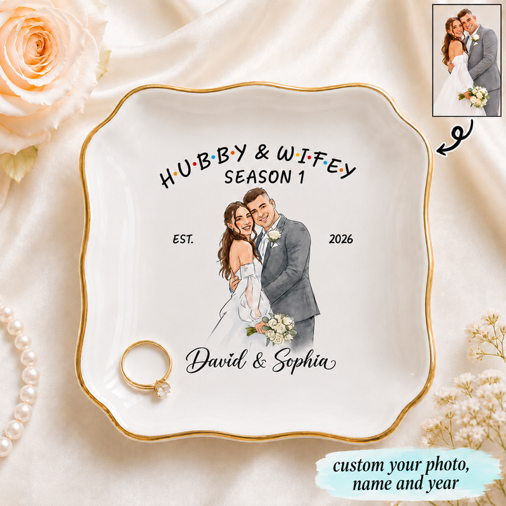 Personalized Photo Hubby & Wifey Couple Jewelry Dish - Gift for , Custom Bachelorette Trip, Bridal Shower Gift