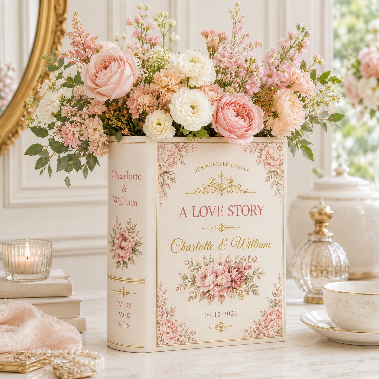 Personalized Ceramic Book Vase & Jewelry Dish Set , Custom Wedding Love Story Flower Vase With Names and Wedding Date