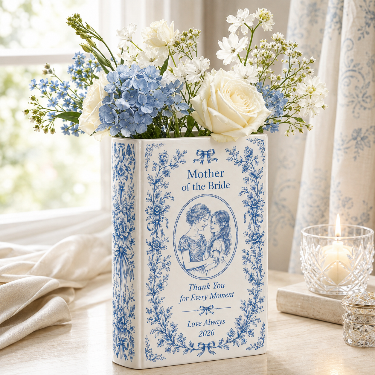 Personalized Mother of the Bride Ceramic Book Vase, Custom Mom Photo Wedding Gift, Floral Keepsake, Thank You Gift