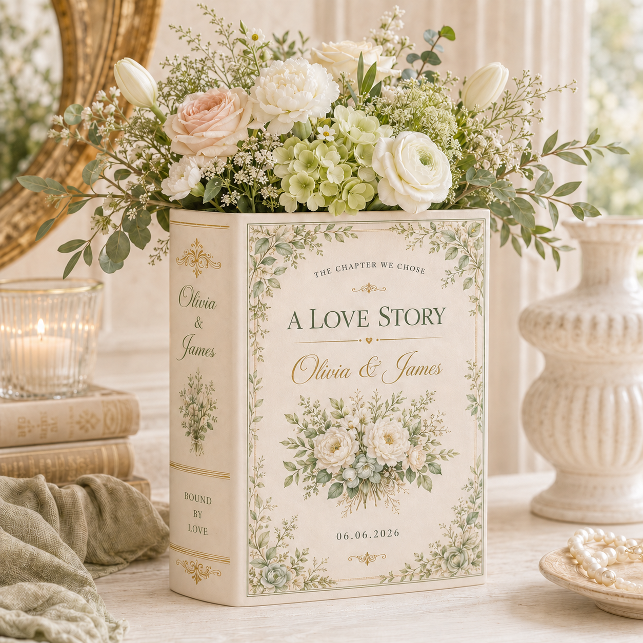 Personalized Ceramic Book Vase & Jewelry Dish Set , Custom Wedding Love Story Flower Vase With Names and Wedding Date