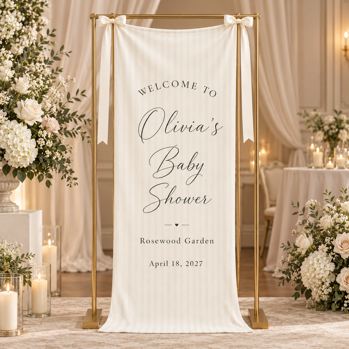 Personalized  Linen  Baby Shower Welcome Banner, Custom Name Fabric Sign, Neutral Garden Baby Shower Decor, Elegant Shower Entrance Sign