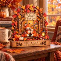 Personalized Fox Couple Wooden Block, Custom Names & Date Autumn Keepsake, Romantic Anniversary Gift for Couples