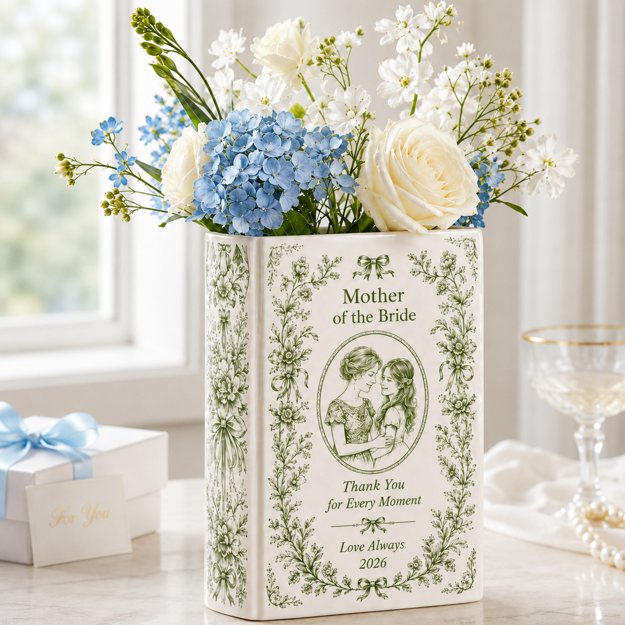 Personalized Mother of the Bride Ceramic Book Vase, Custom Mom Photo Wedding Gift, Floral Keepsake, Thank You Gift