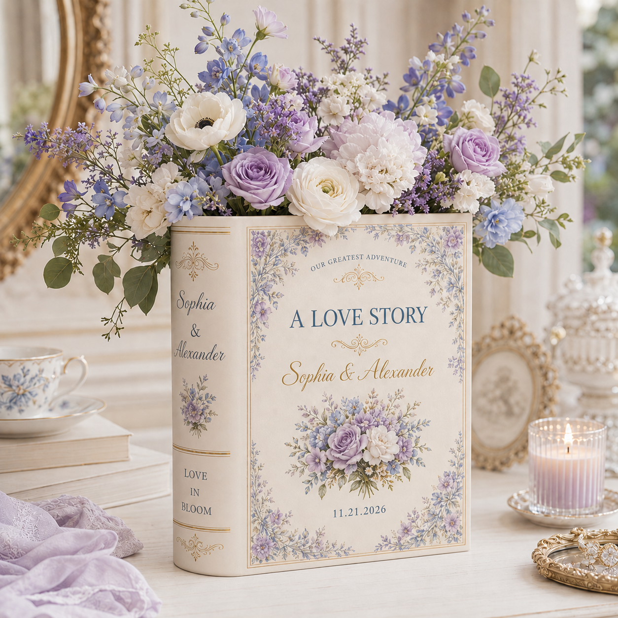 Personalized Ceramic Book Vase & Jewelry Dish Set , Custom Wedding Love Story Flower Vase With Names and Wedding Date
