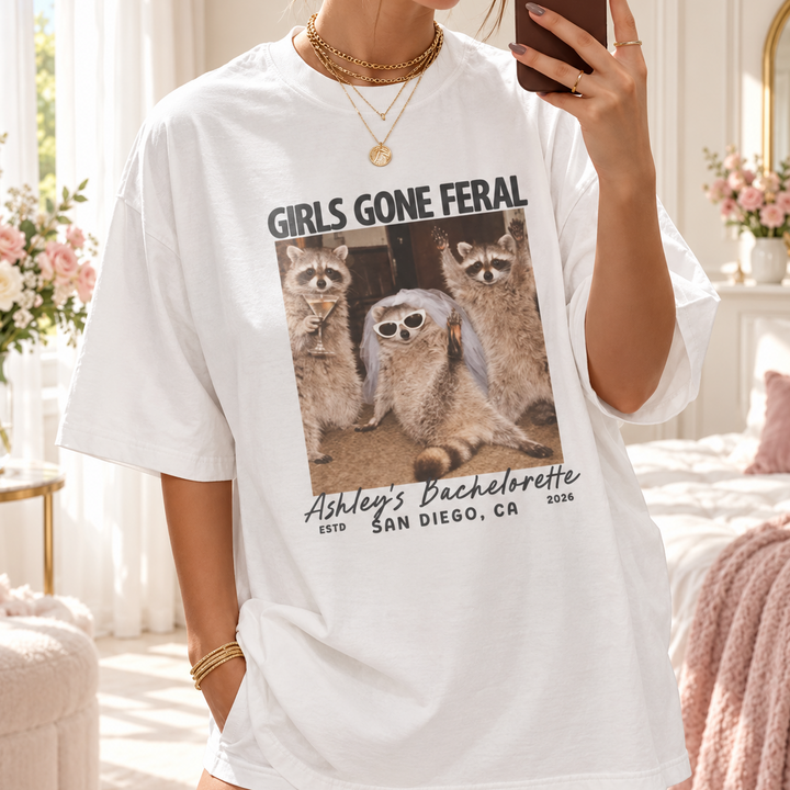 Girls Gone Feral Funny Vintage Raccoon Photo Bachelorette Comfort Colors Shirt, Feral Bride Bach Party Tee
