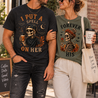 Halloween Matching Couple Shirts, Matching Skeleton Couple Tees, I Put a Spell on Her & Forever His, Spooky Couples Halloween Gift