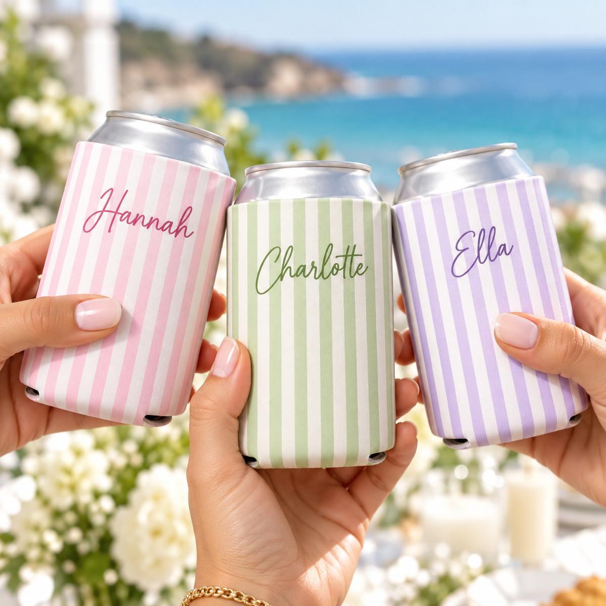 Personalized Pastel Striped Can Coolers, Custom Name Party Favors product image 6