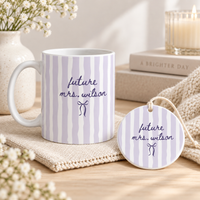 Personalized Striped Future Mrs Mug & Ornament – Custom Coffee Mug, Accent Mug, Bride-to-Be Engagement & Bridal Shower Gift
