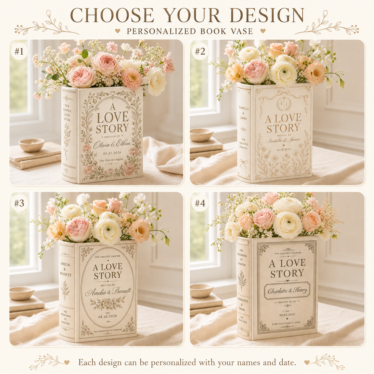 Personalized Ceramic Book Vase, Custom Wedding Love Story Flower Vase With Names,  Couple Decor Gift