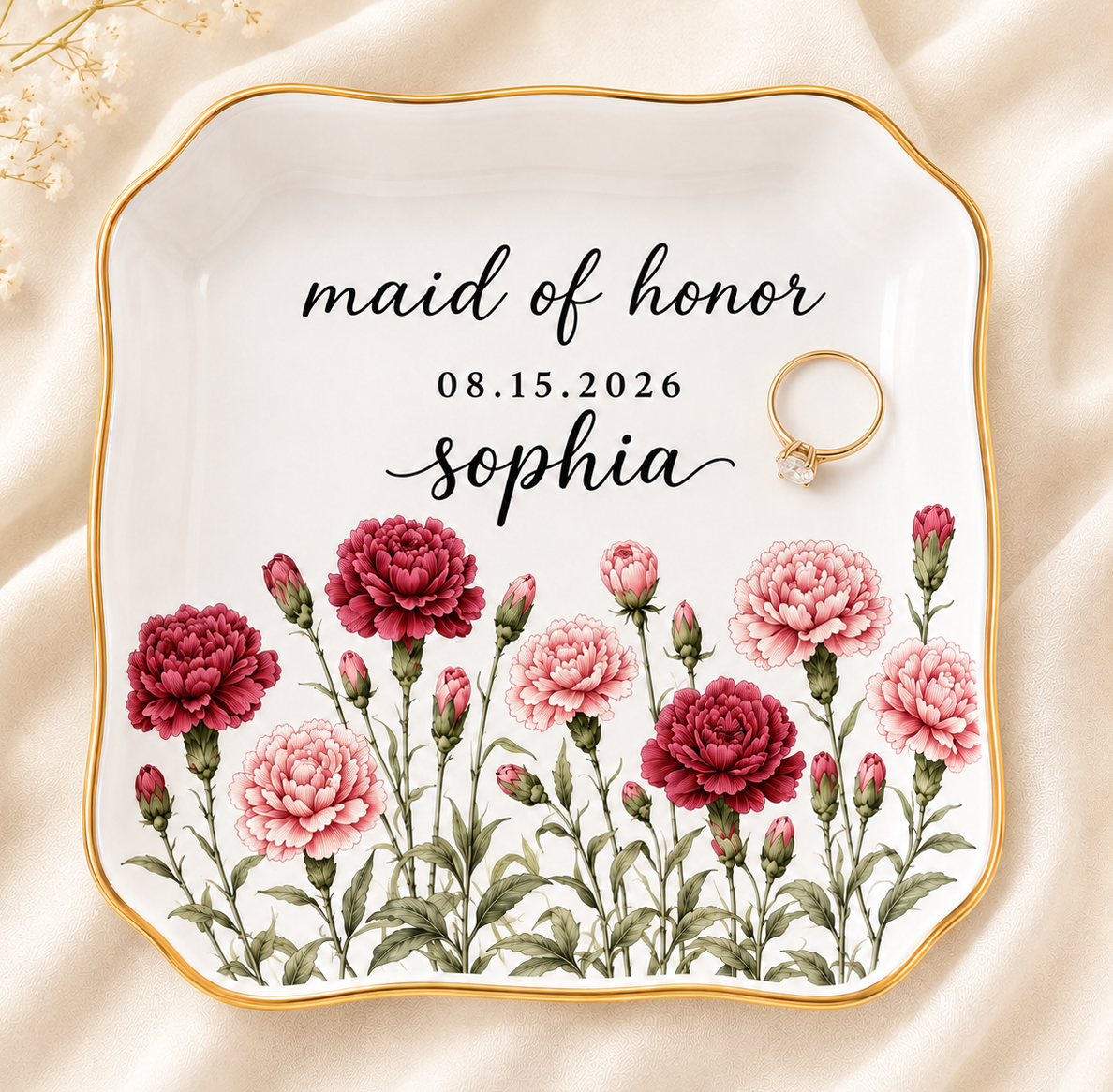 Personalized Birth Flower Wedding Jewelry Dish - Gift for Bride, Mom, Bridesmaid, Bachelorette Trip, Bridal Shower Gift