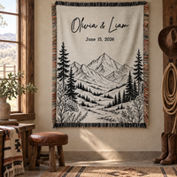Personalized Mountain Woven Blanket, Custom Couple Name Date Throw, Forest Wedding Gift, Cotton Anniversary Gift for Couples Nature Lovers