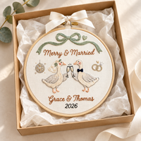 Personalized Merry & Married Goose Christmas Ornament, Custom Wedding Couple Embroidery Hoop