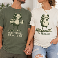 We're Pregnant But Mostly Her Funny Frog Matching Couple Comfort Colors Tees matching expecting parents shirts